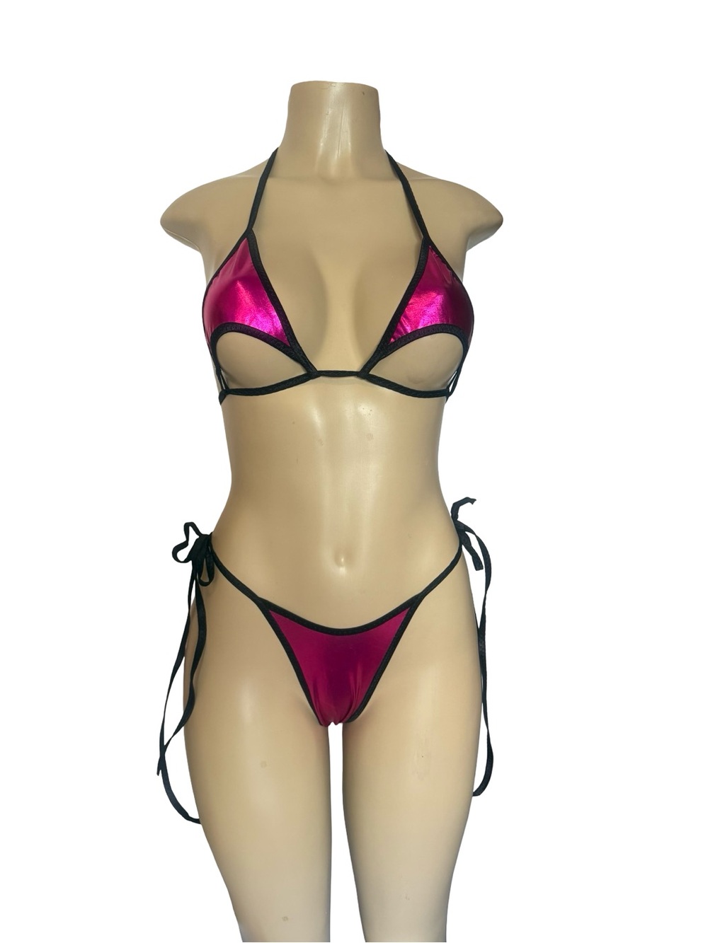 Shimmering Pink Triangle Bikini with Black Trim